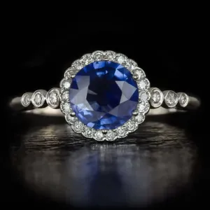 1.22ct NATURAL ROYAL BLUE SAPPHIRE ROUND DIAMOND HALO ENGAGEMENT COCKTAIL RING