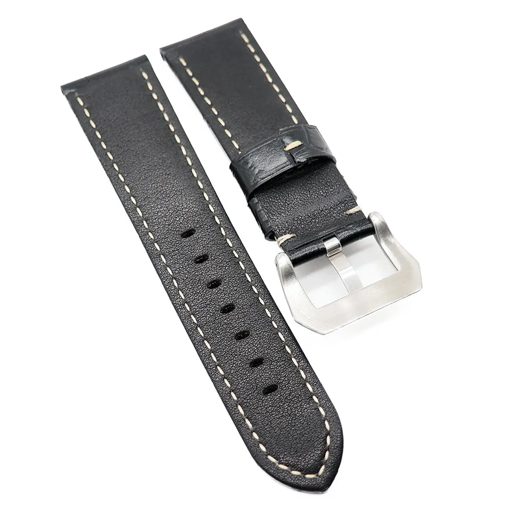24mm Black Alligator Embossed Calf Leather Watch Strap For Panerai, Two Length Size