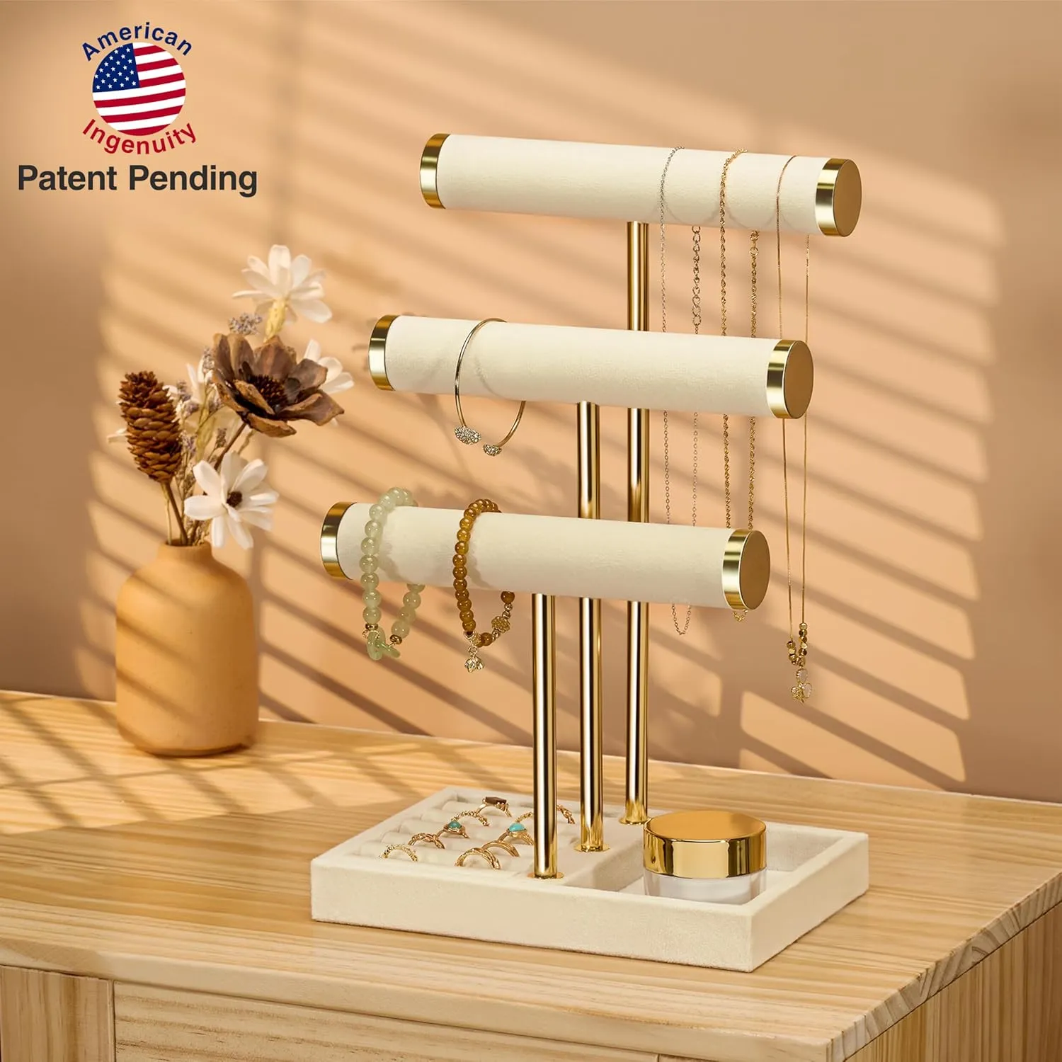 3 Tier Bracelet Holder Display - Detachable T Bar Beige Velvet Bracelet Holder, Jewelry Holder Organizer for Bracelet, Necklace, Watches, Rings