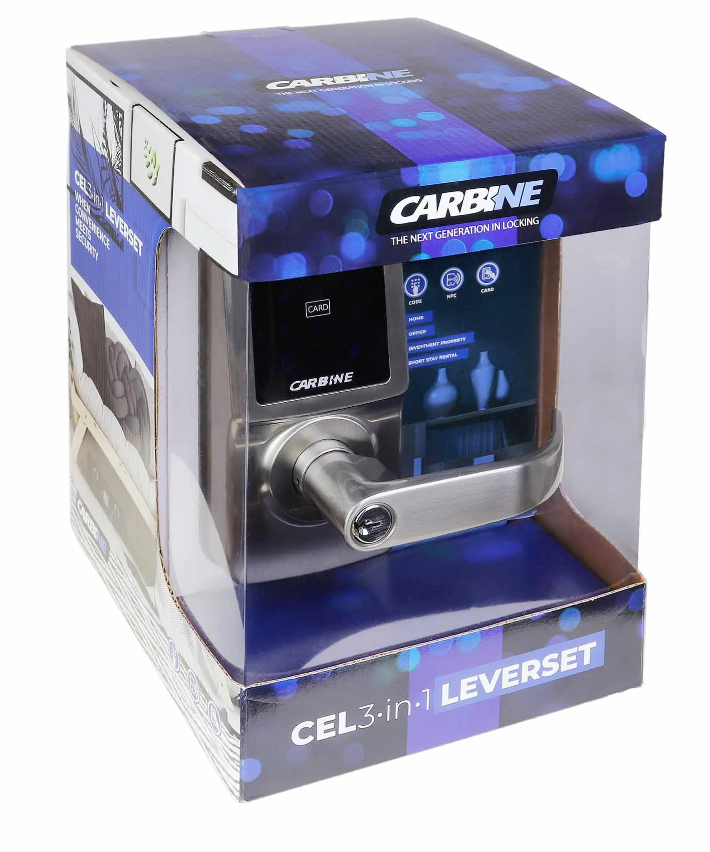 Carbine CEL-3in1 Electronic Leverset, Less batteries, Display Pack, Satin Nickel