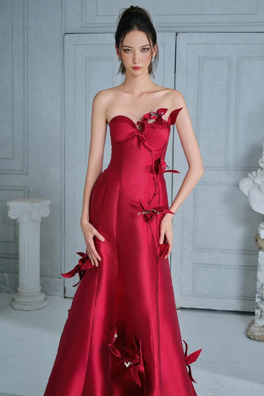 Celine Mermaid Semi-Heart Neck Taffeta Floor Length Dress