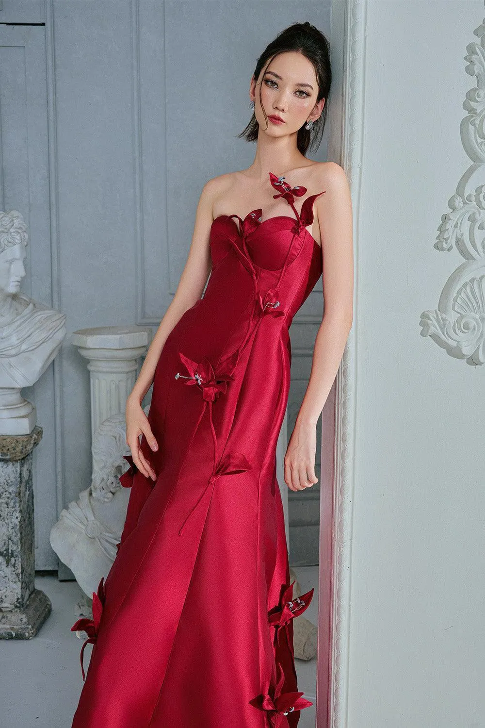 Celine Mermaid Semi-Heart Neck Taffeta Floor Length Dress