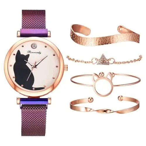 Charming Whimsical Cat Quartz Watch for Women with Elegant Alloy Mesh Band
