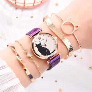 Charming Whimsical Cat Quartz Watch for Women with Elegant Alloy Mesh Band
