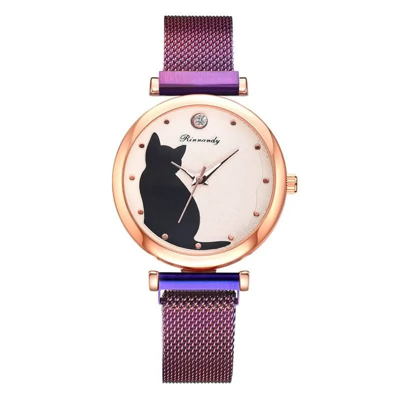 Charming Whimsical Cat Quartz Watch for Women with Elegant Alloy Mesh Band