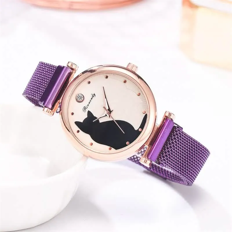 Charming Whimsical Cat Quartz Watch for Women with Elegant Alloy Mesh Band