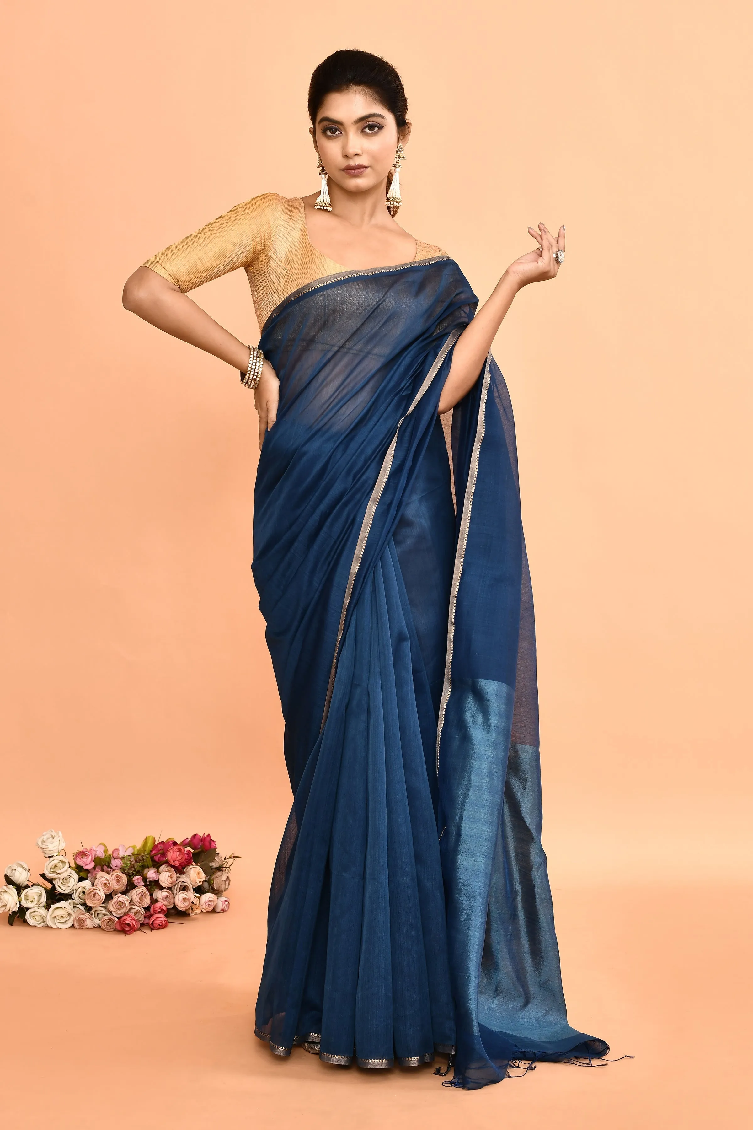 Cobalt Blue Maheshwari Plain Saree With Resham Pallu