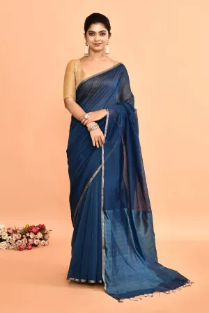 Cobalt Blue Maheshwari Plain Saree With Resham Pallu