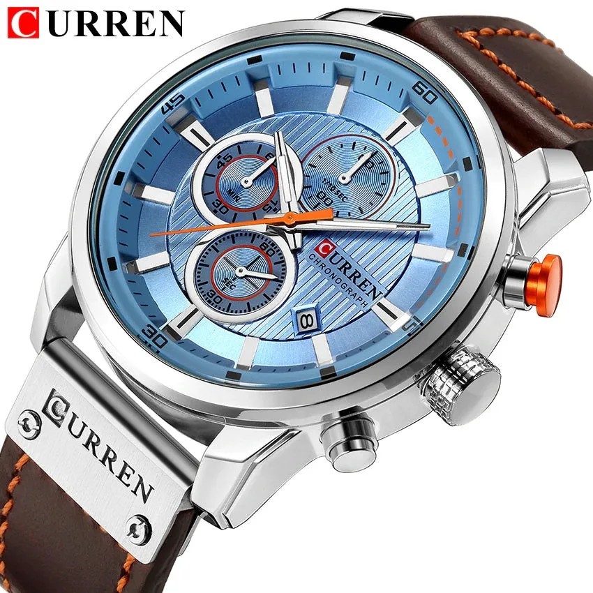 CURREN   Men's Sports Watch with Genuine Leather Band & Chronograph