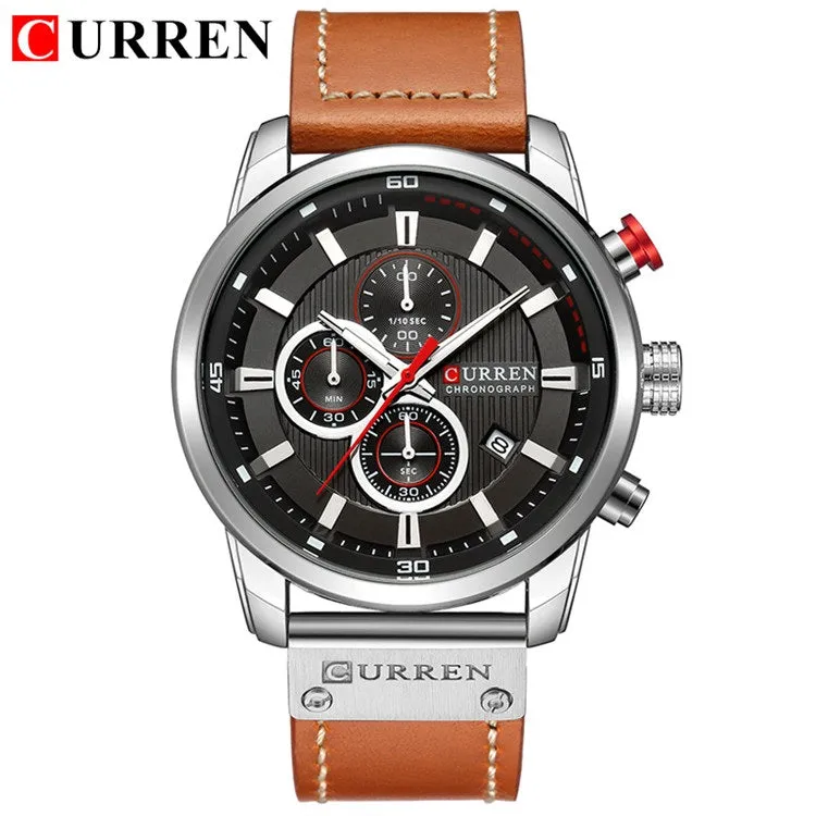 CURREN   Men's Sports Watch with Genuine Leather Band & Chronograph