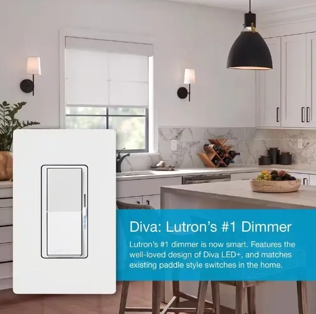 Diva Lutron Smart Dimmer Switch for Caseta Smart Lighting, 150-Watt LED, White (DVRF-6L-WH)