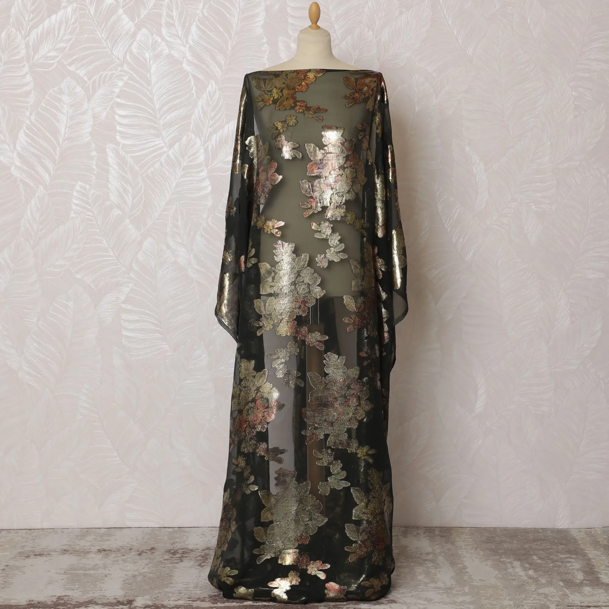 Elegant Black and Multicolor Floral Pattern Pure French Silk (Fransawi Dirac) Chiffon Fabric – 140 cm Wide X 3.5 Mtrs-D19820