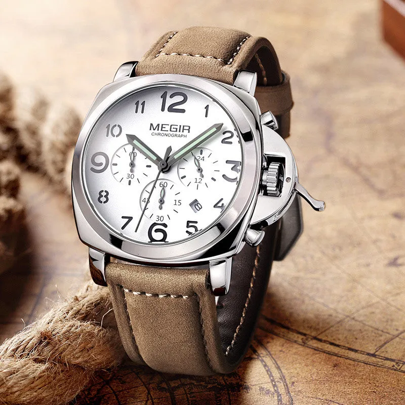 Fashion military lumimous quartz watches men analog casual chronograph waterproof leather wristwatch man top brand MEGIR