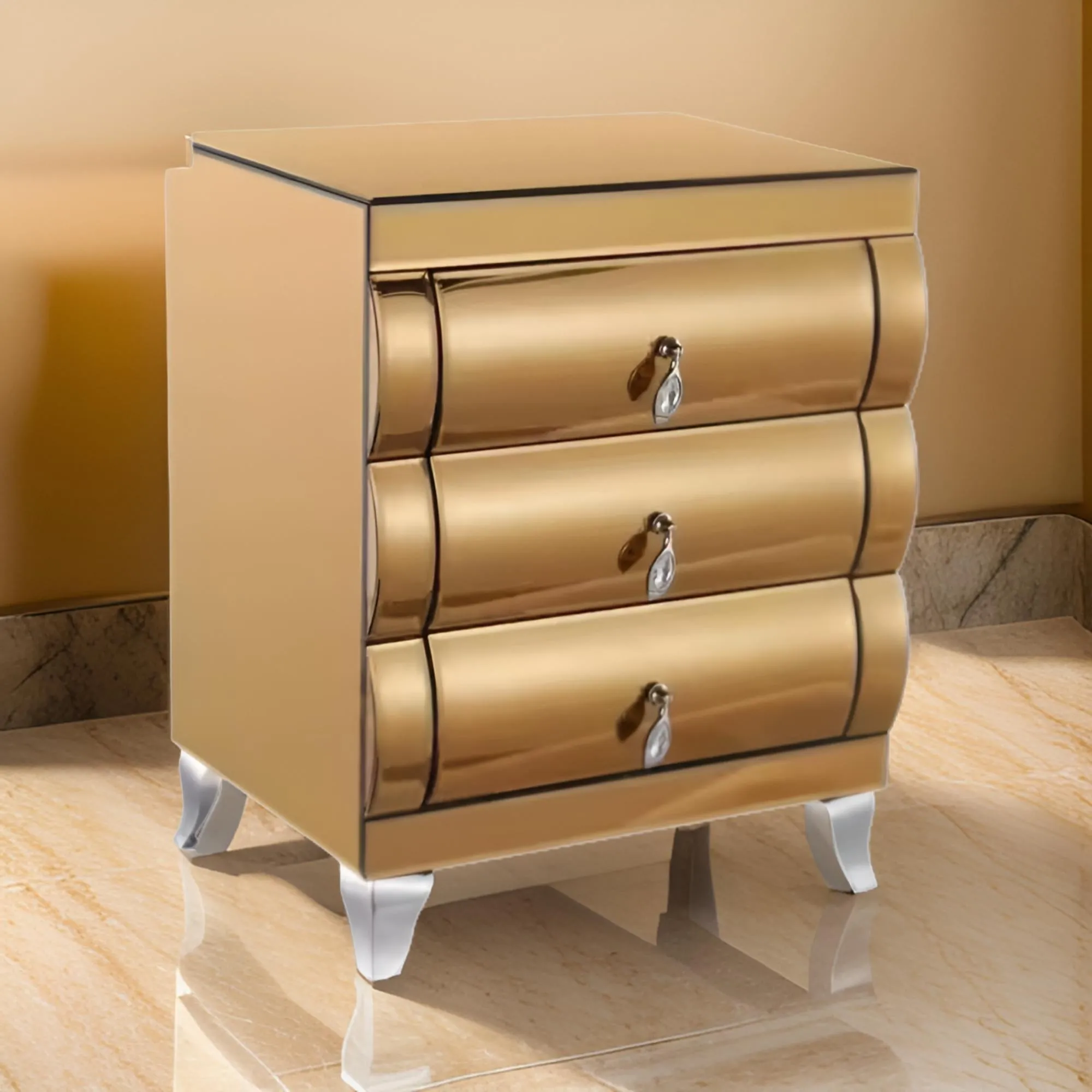 Gold Square Mirrored Bedside Table With 3 Drawers And Stainless Steel Legs