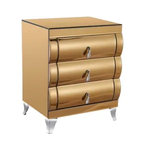 Gold Square Mirrored Bedside Table With 3 Drawers And Stainless Steel Legs