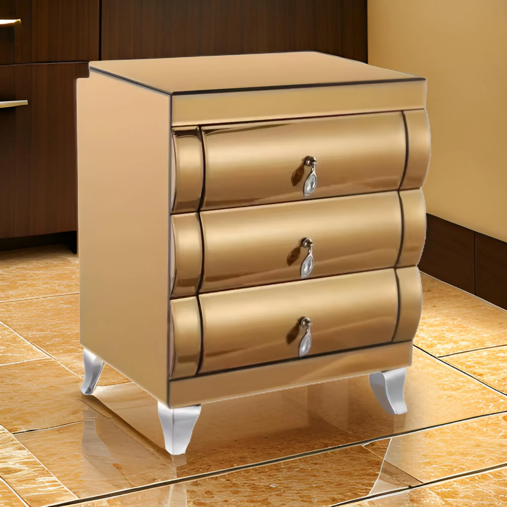 Gold Square Mirrored Bedside Table With 3 Drawers And Stainless Steel Legs