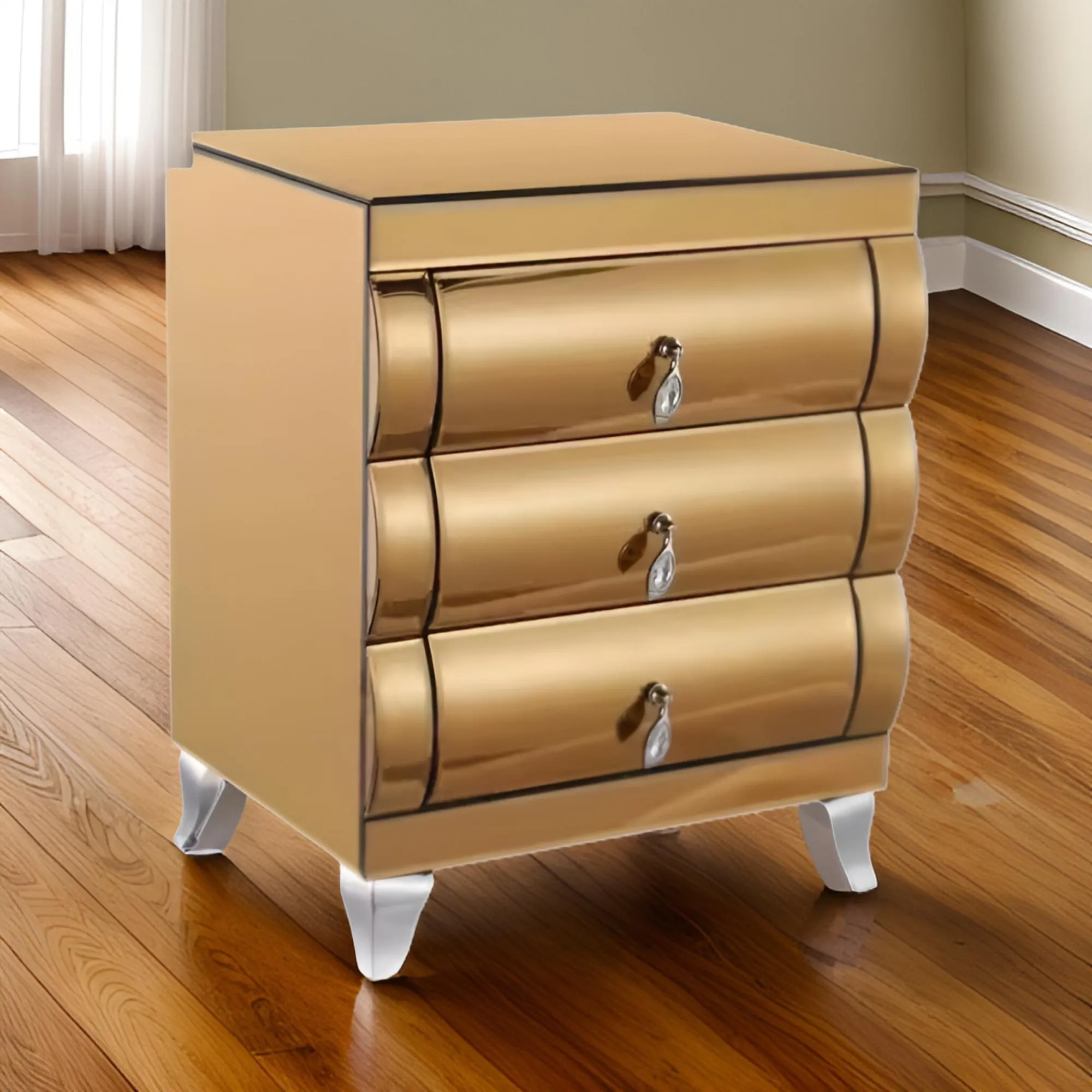 Gold Square Mirrored Bedside Table With 3 Drawers And Stainless Steel Legs