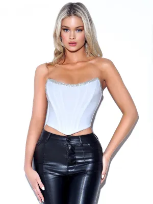 Melanie White Corset Charming Top With Crystal Trim