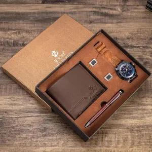 New 4Pcs/Set Luxury Watch for Men Fashion Gift Box Mens Watches Set Male Wallet Cufflinks Pen Wristwatch Set Christmas Best Gift