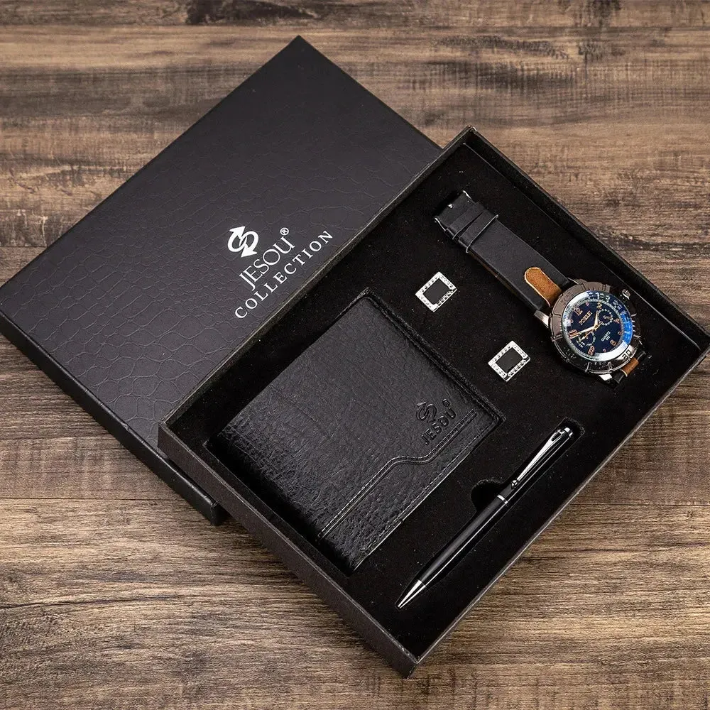 New 4Pcs/Set Luxury Watch for Men Fashion Gift Box Mens Watches Set Male Wallet Cufflinks Pen Wristwatch Set Christmas Best Gift
