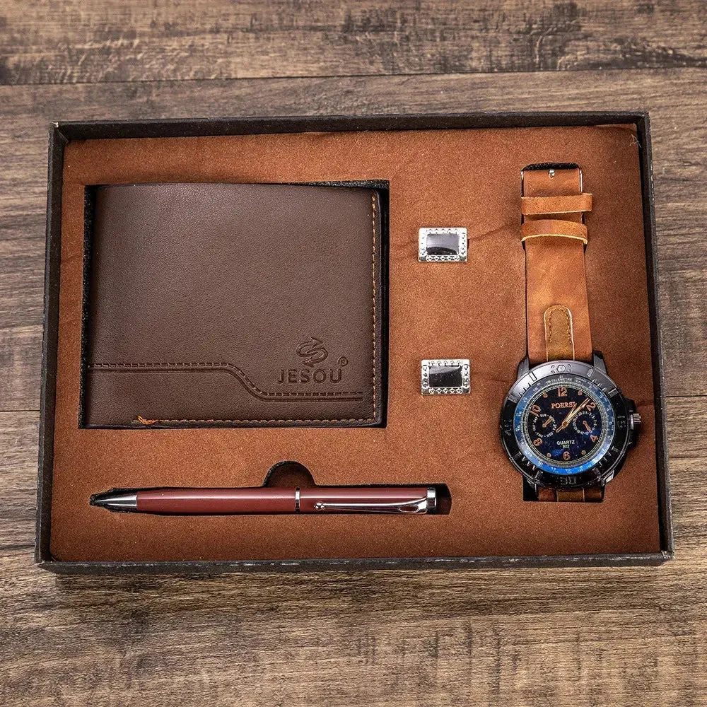 New 4Pcs/Set Luxury Watch for Men Fashion Gift Box Mens Watches Set Male Wallet Cufflinks Pen Wristwatch Set Christmas Best Gift