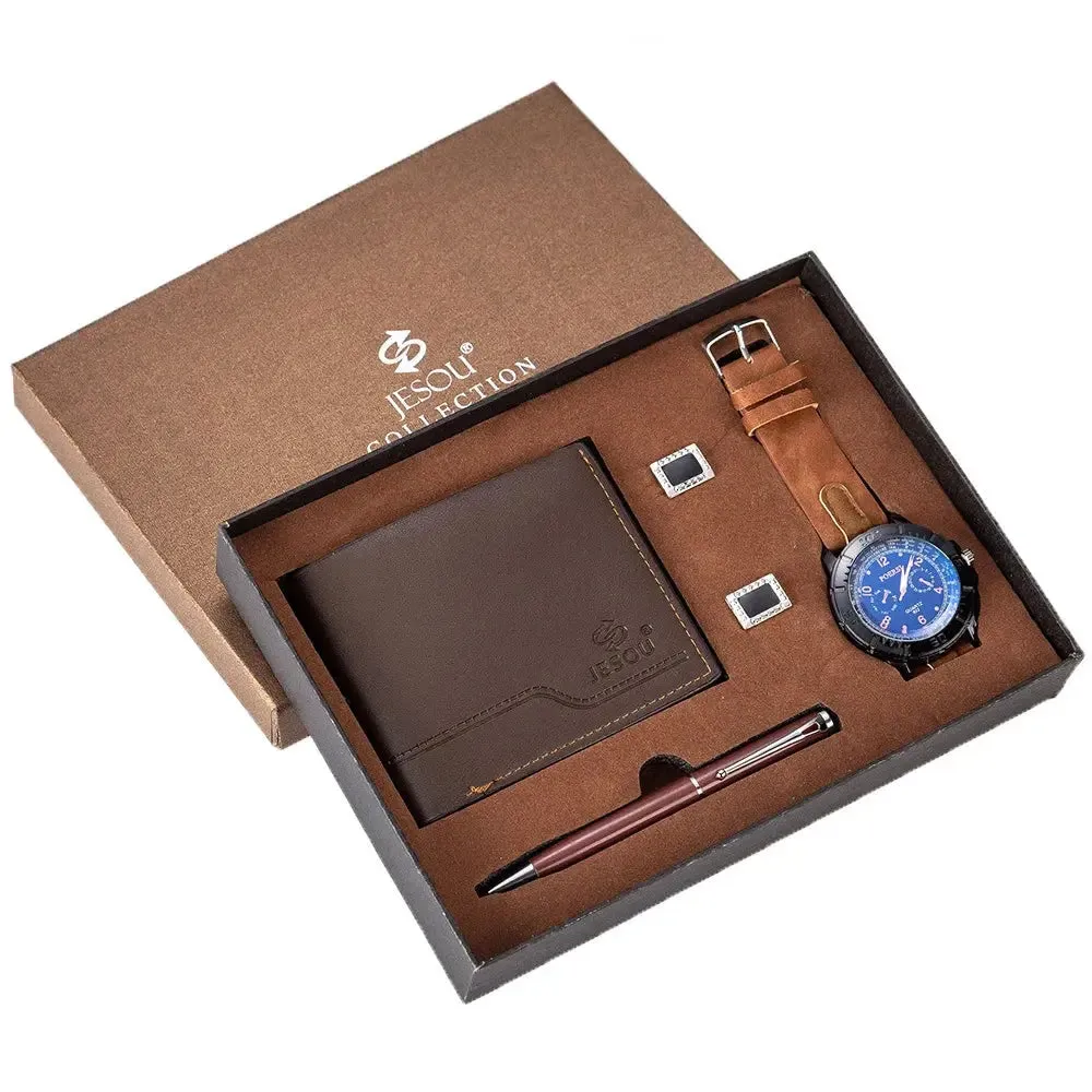 New 4Pcs/Set Luxury Watch for Men Fashion Gift Box Mens Watches Set Male Wallet Cufflinks Pen Wristwatch Set Christmas Best Gift