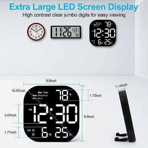 R RUNILEX Digital Wall Clock Large Display, 10.5” LED Digital Clock with Date and Temperature, Auto Dimming, Day of Week, with Remote Control, Perfect for Home Office Living Room(White)