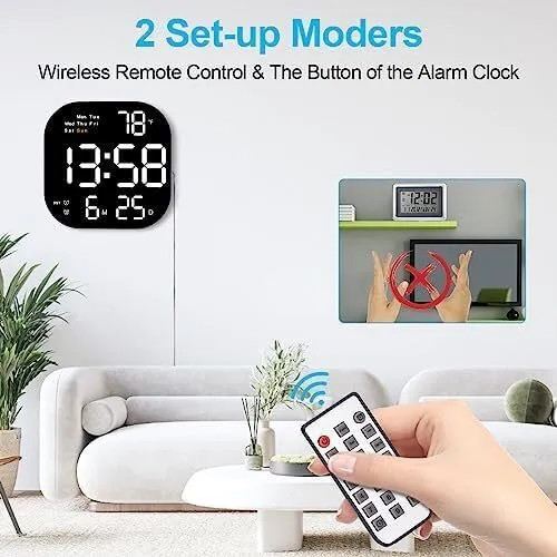 R RUNILEX Digital Wall Clock Large Display, 10.5” LED Digital Clock with Date and Temperature, Auto Dimming, Day of Week, with Remote Control, Perfect for Home Office Living Room(White)