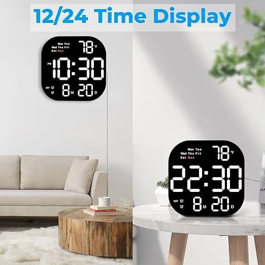 R RUNILEX Digital Wall Clock Large Display, 10.5” LED Digital Clock with Date and Temperature, Auto Dimming, Day of Week, with Remote Control, Perfect for Home Office Living Room(White)