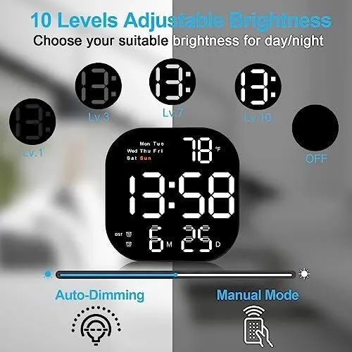 R RUNILEX Digital Wall Clock Large Display, 10.5” LED Digital Clock with Date and Temperature, Auto Dimming, Day of Week, with Remote Control, Perfect for Home Office Living Room(White)