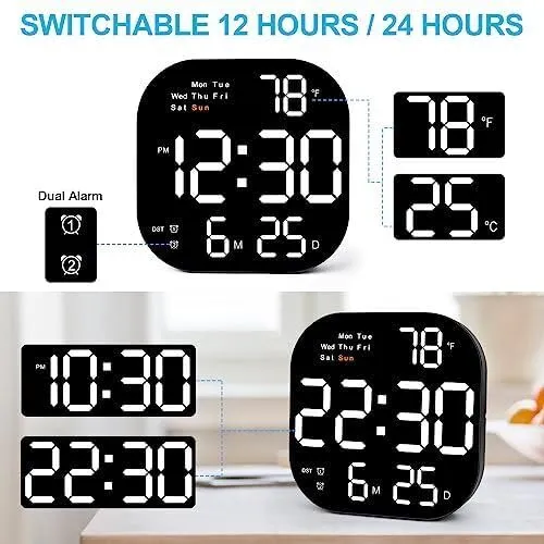 R RUNILEX Digital Wall Clock Large Display, 10.5” LED Digital Clock with Date and Temperature, Auto Dimming, Day of Week, with Remote Control, Perfect for Home Office Living Room(White)