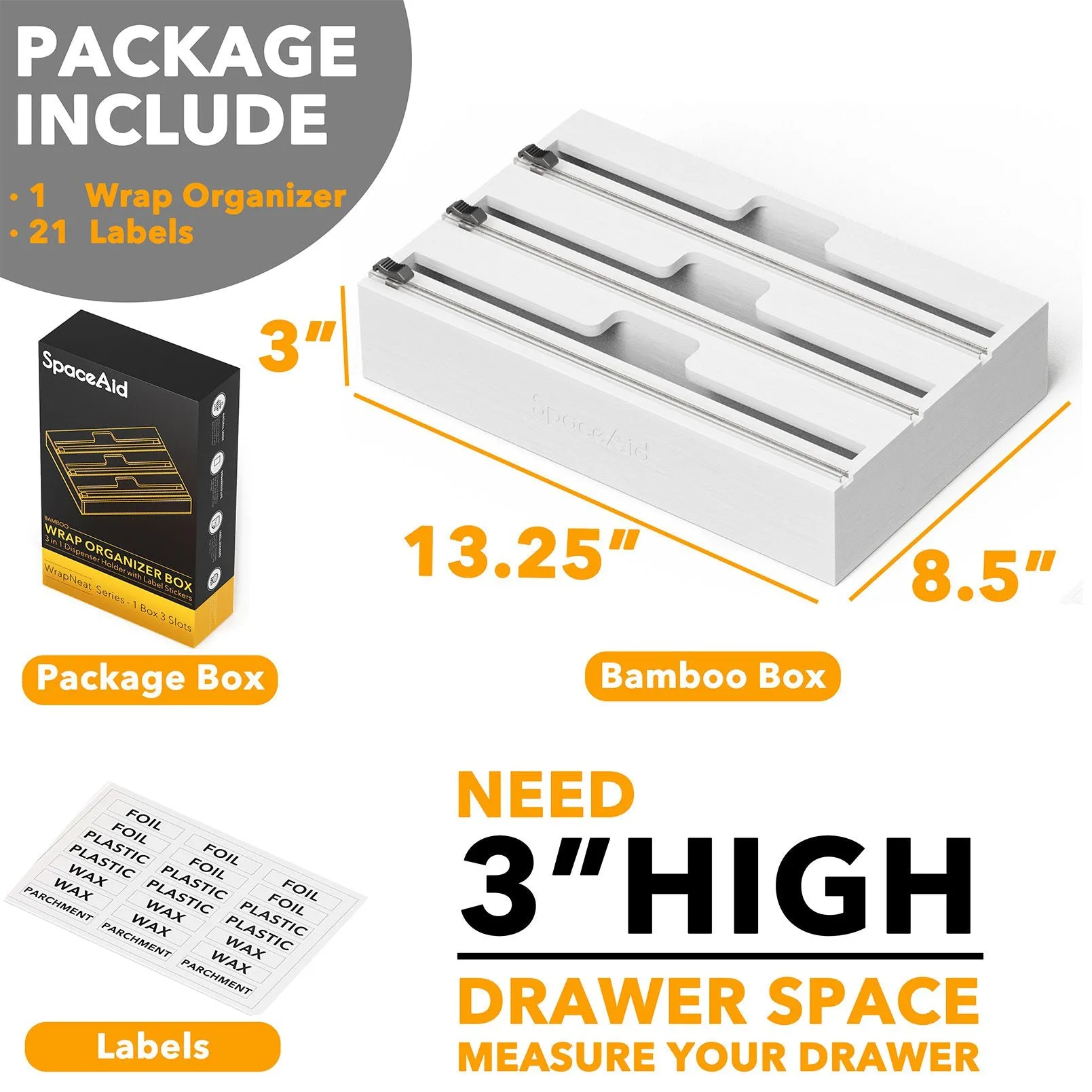 SpaceAid WrapNeat 3 in 1 Foil and Plastic Wrap Dispenser with Cutter and Labels, White