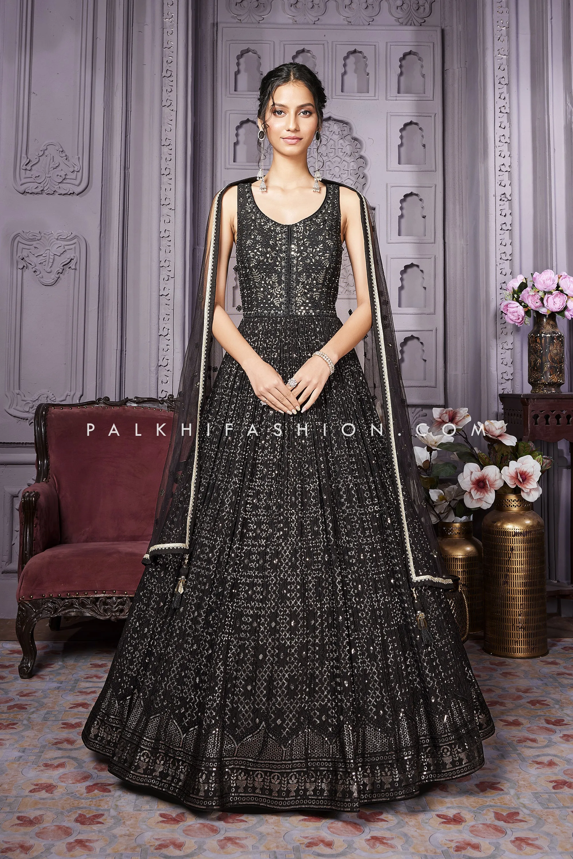 Timeless Black Georgette Ensemble with Chikankari and Mirror Detailing