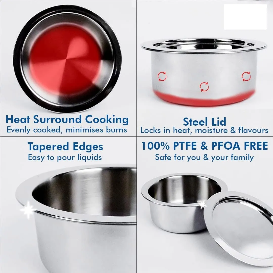 UMAI X SAVYA Home Triply Stainless Steel Tope (Patila) with Lid | Handi Casserole with lid | 1.5 L | 16 cm Diameter | 100% PTFE and PFOA F | Stainless Steel Cookware (1.5 litres) (2 litres)