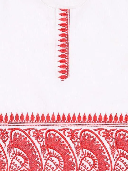 Vastramay Boy's White Embroidered Cotton Kurta and Dhoti Set
