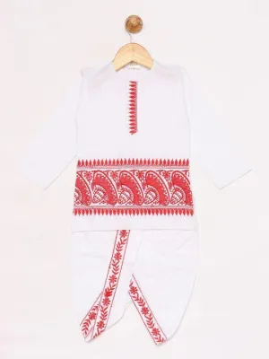 Vastramay Boy's White Embroidered Cotton Kurta and Dhoti Set