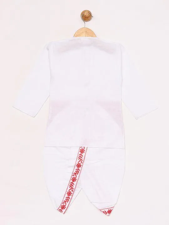 Vastramay Boy's White Embroidered Cotton Kurta and Dhoti Set
