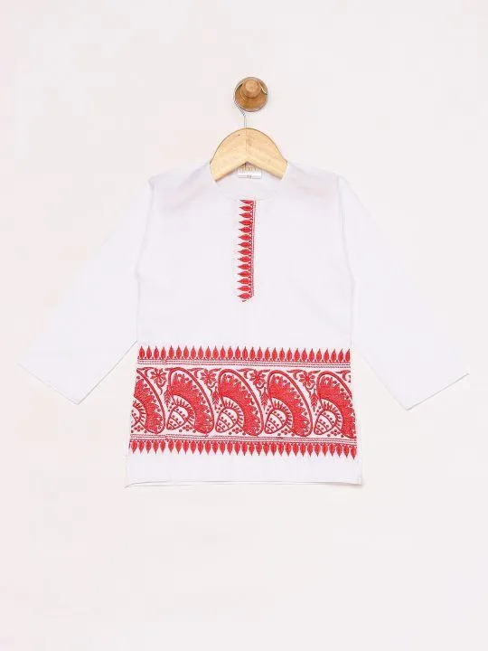 Vastramay Boy's White Embroidered Cotton Kurta and Dhoti Set