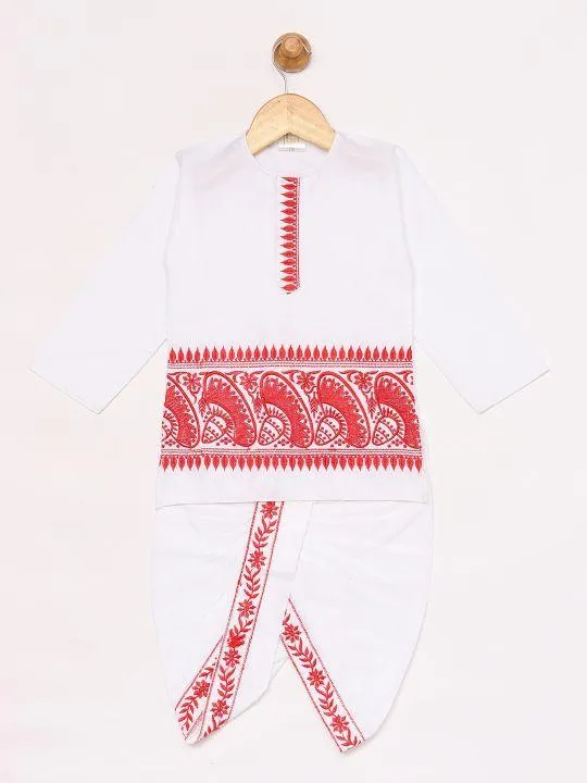 Vastramay Boy's White Embroidered Cotton Kurta and Dhoti Set