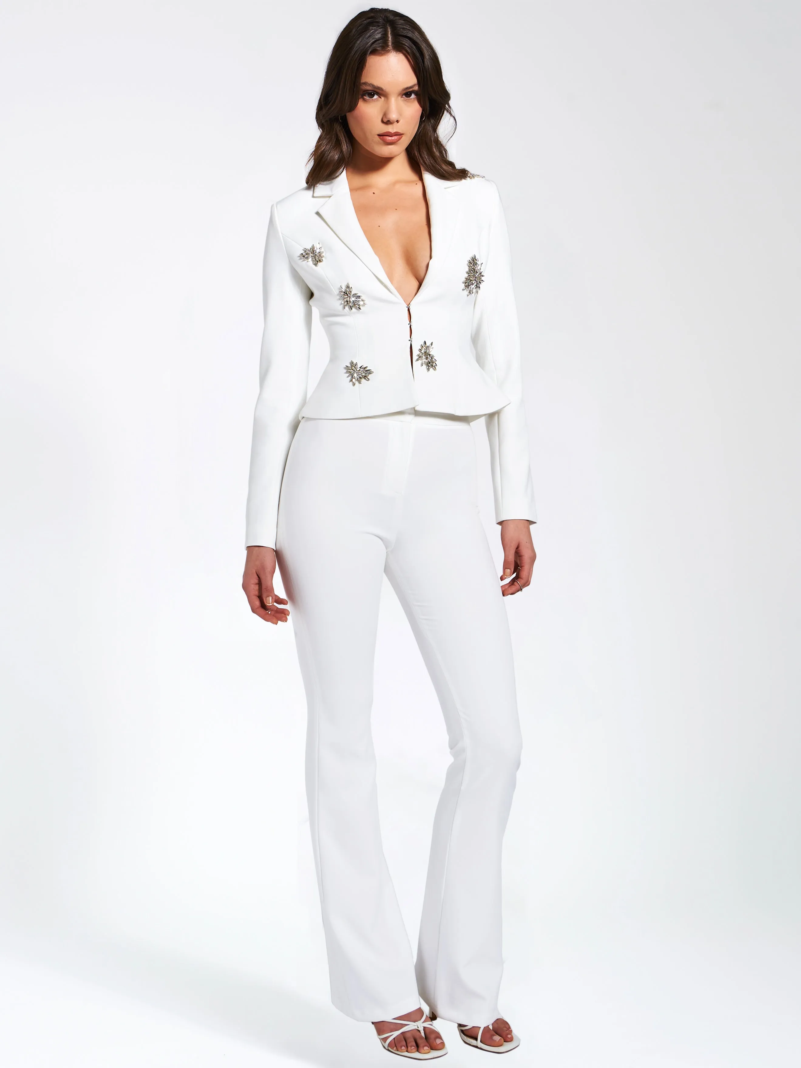 Waleria White Stretch Charming Crepe Flare Pants