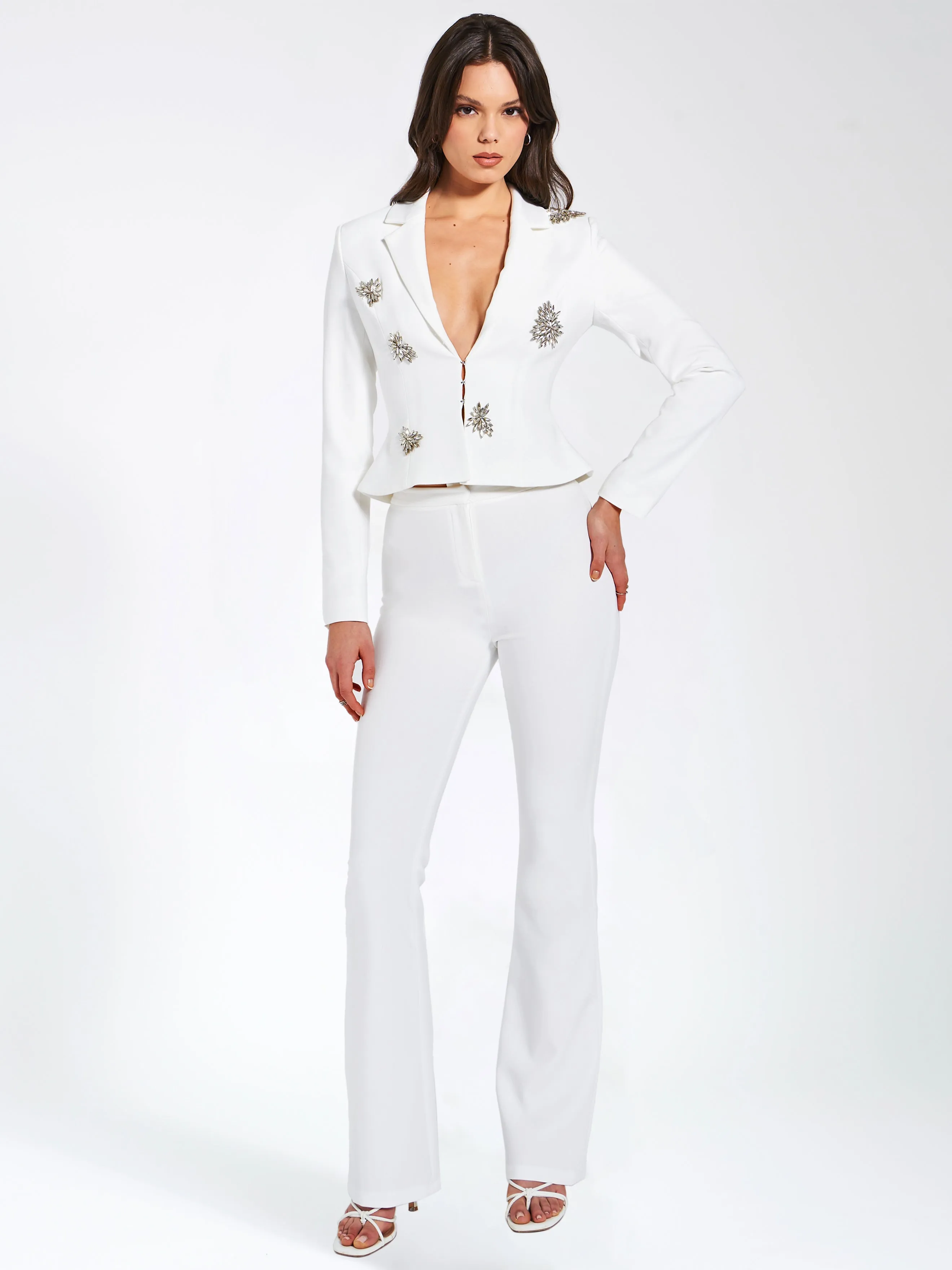 Waleria White Stretch Charming Crepe Flare Pants
