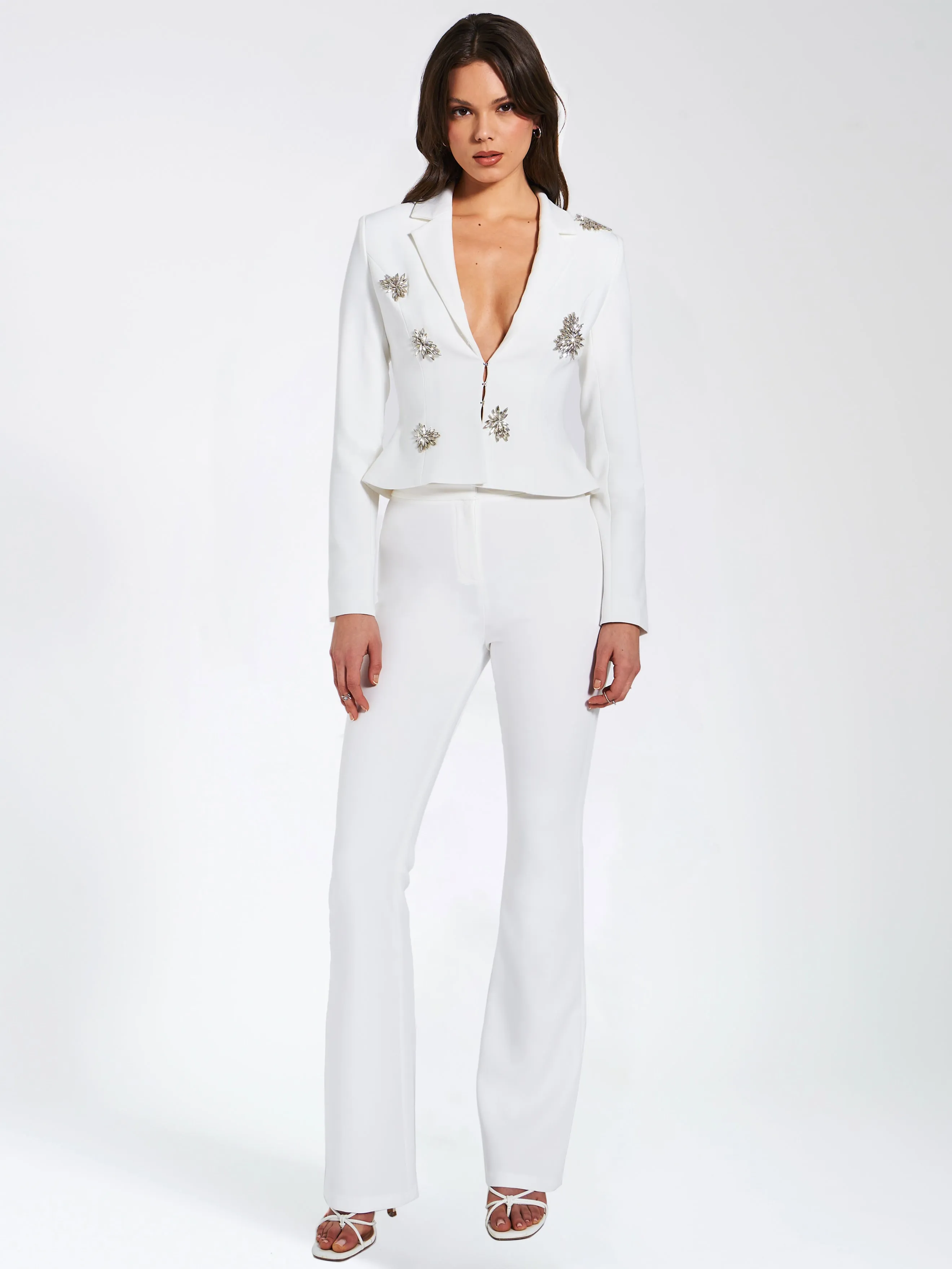 Waleria White Stretch Charming Crepe Flare Pants