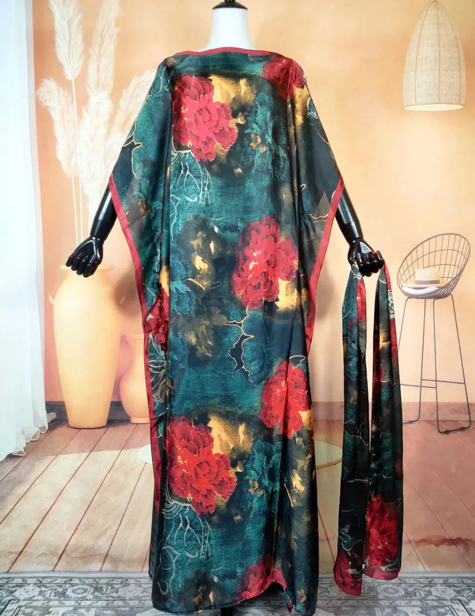 Women's African Silk Print Bust Kaftan Maxi Dress