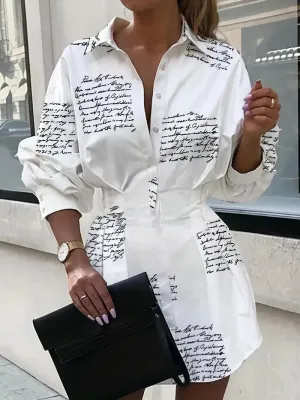 Women's Letter Print Button Down Collar Mini Dress / White